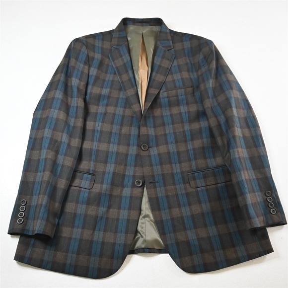 Spazio Uomo 44R Olive Blue Plaid Wool Mens Blazer Suit Jacket Sport Coat